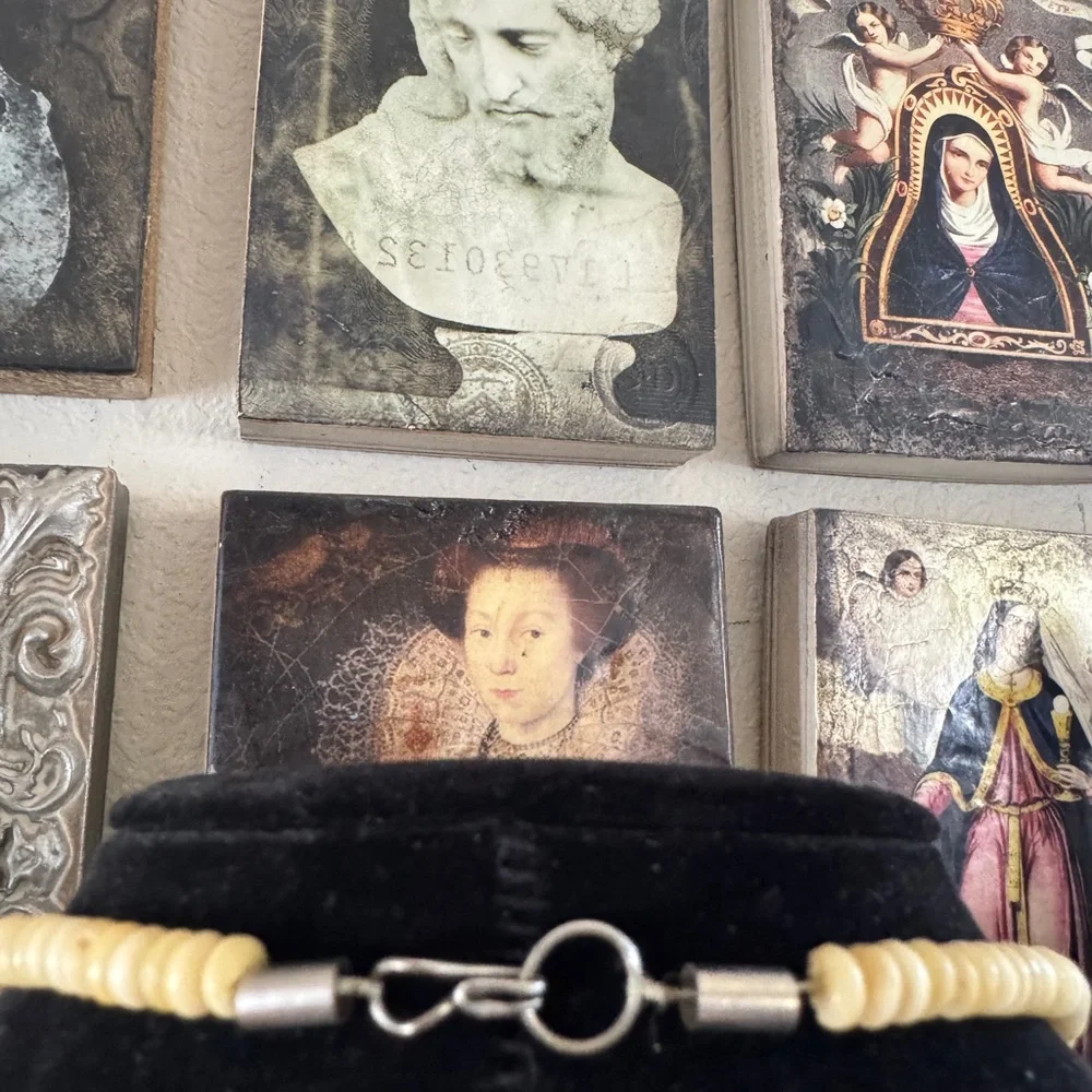 Vintage Hand-Carved Bovine Bone & Pewter‎ Beaded Necklace